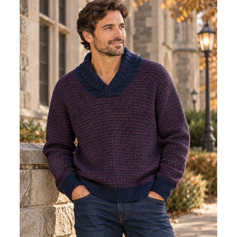 Lands End NWT Shawl Collar Sweater XXL Wool Blend Navy Burgundy Heritage Preppy